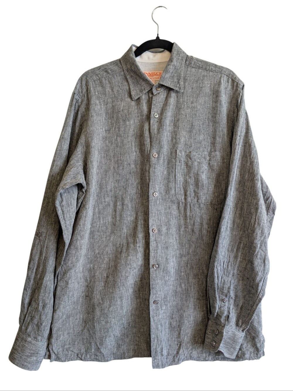Inserch Men's Linen Button Down Gray Shirt Roll Tab Long Sleeve Large
